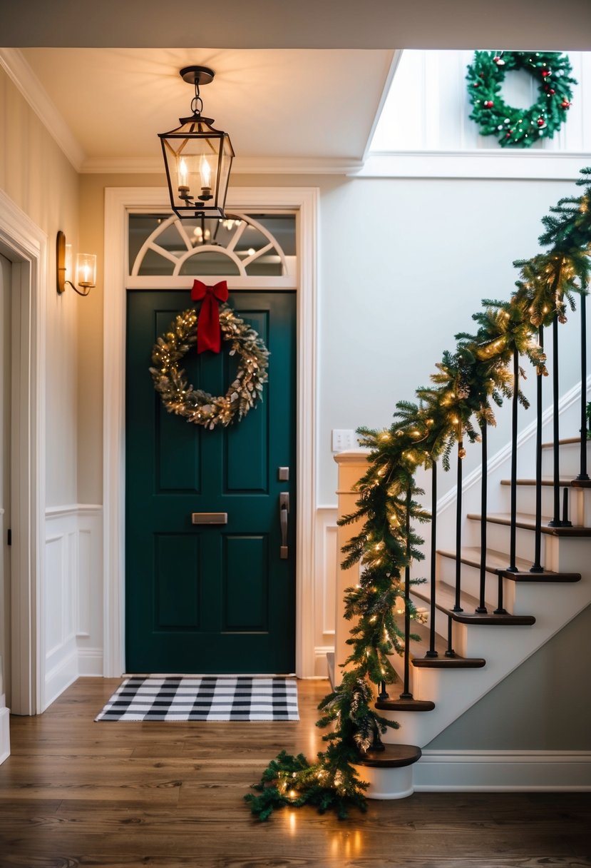 A festive Christmas entryway with a wreath on the door, twinkling lights, and a garland draped over the staircase railing