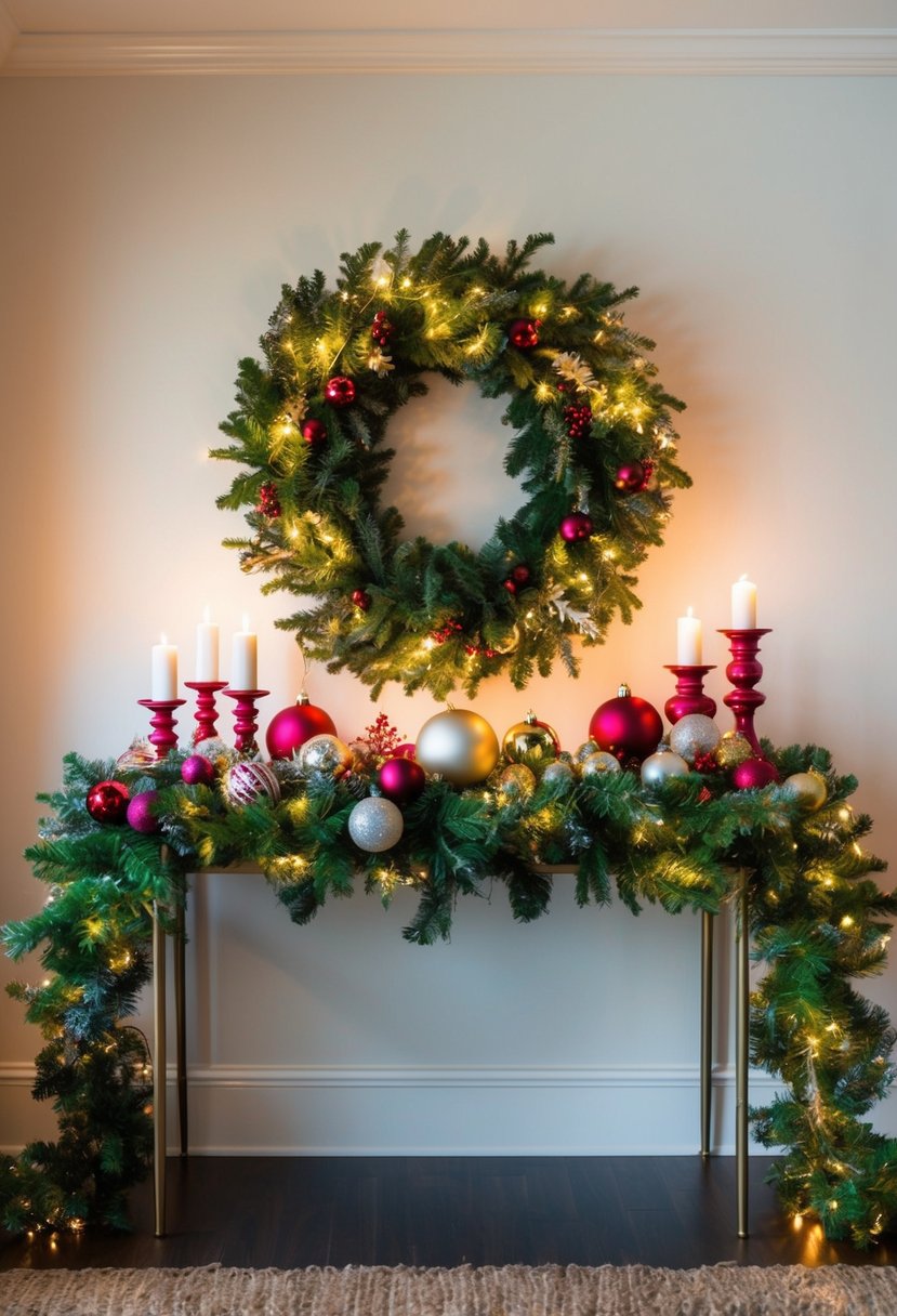 A festive entryway table adorned with a lush garland, twinkling lights, and an assortment of holiday ornaments and candles