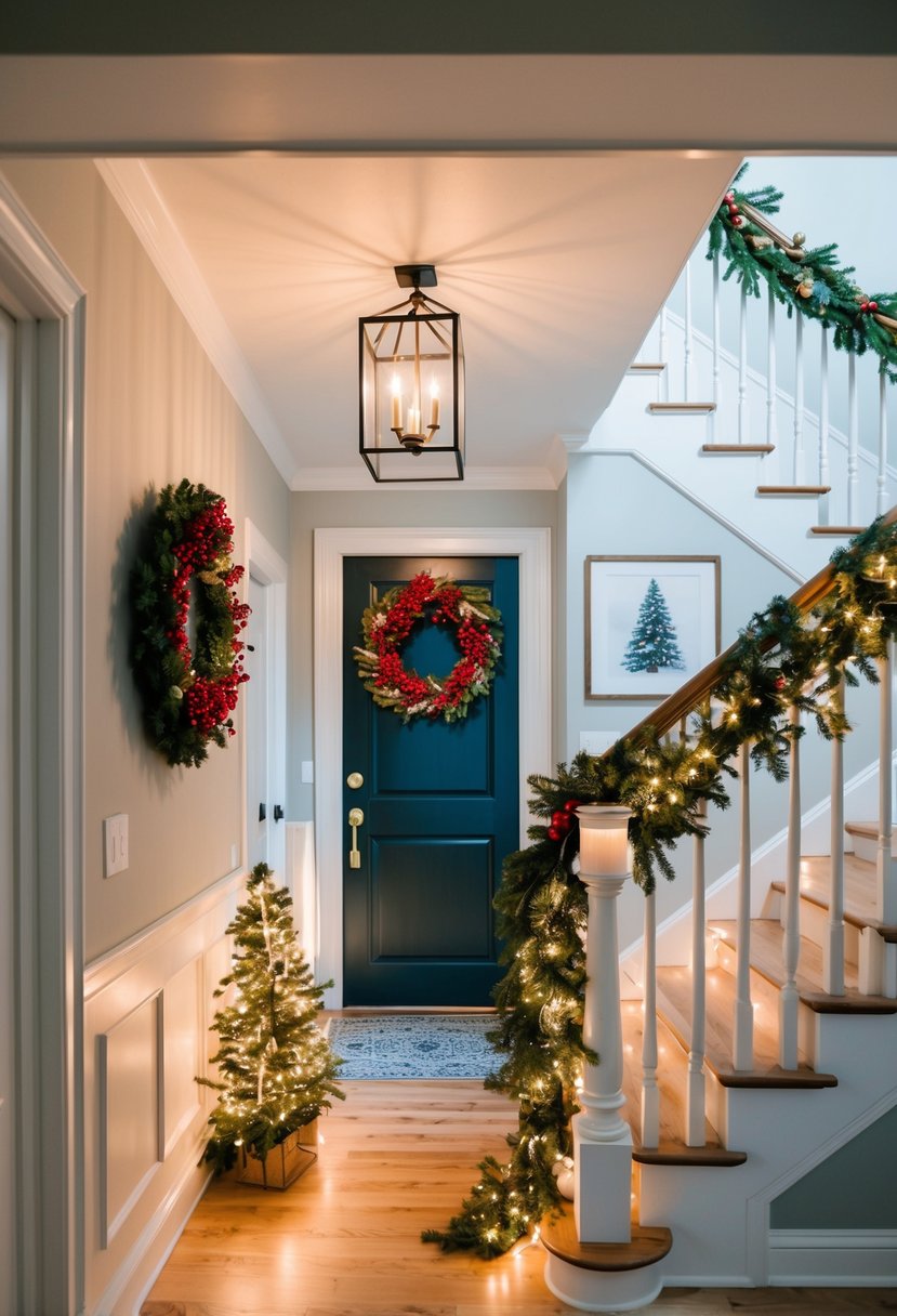 A festive entryway with a wreath on the door, twinkling lights, and a garland draped across the staircase railing