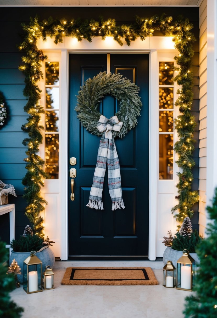 A festive entryway with a wreath on the door, twinkling lights, a garland draped over the doorway, and a cozy doormat with seasonal accents