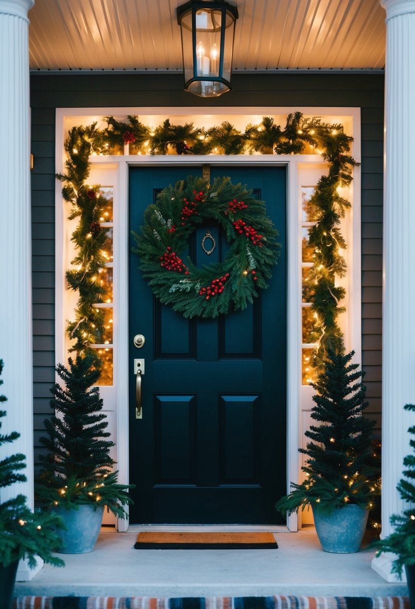 A festive wreath adorns the front door, flanked by potted evergreens and twinkling lights, creating a warm and inviting Christmas entryway