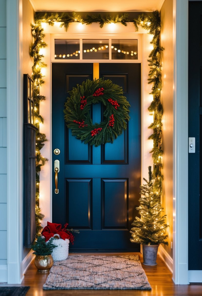 A festive Christmas entryway with a wreath on the door, twinkling lights, and a cozy rug