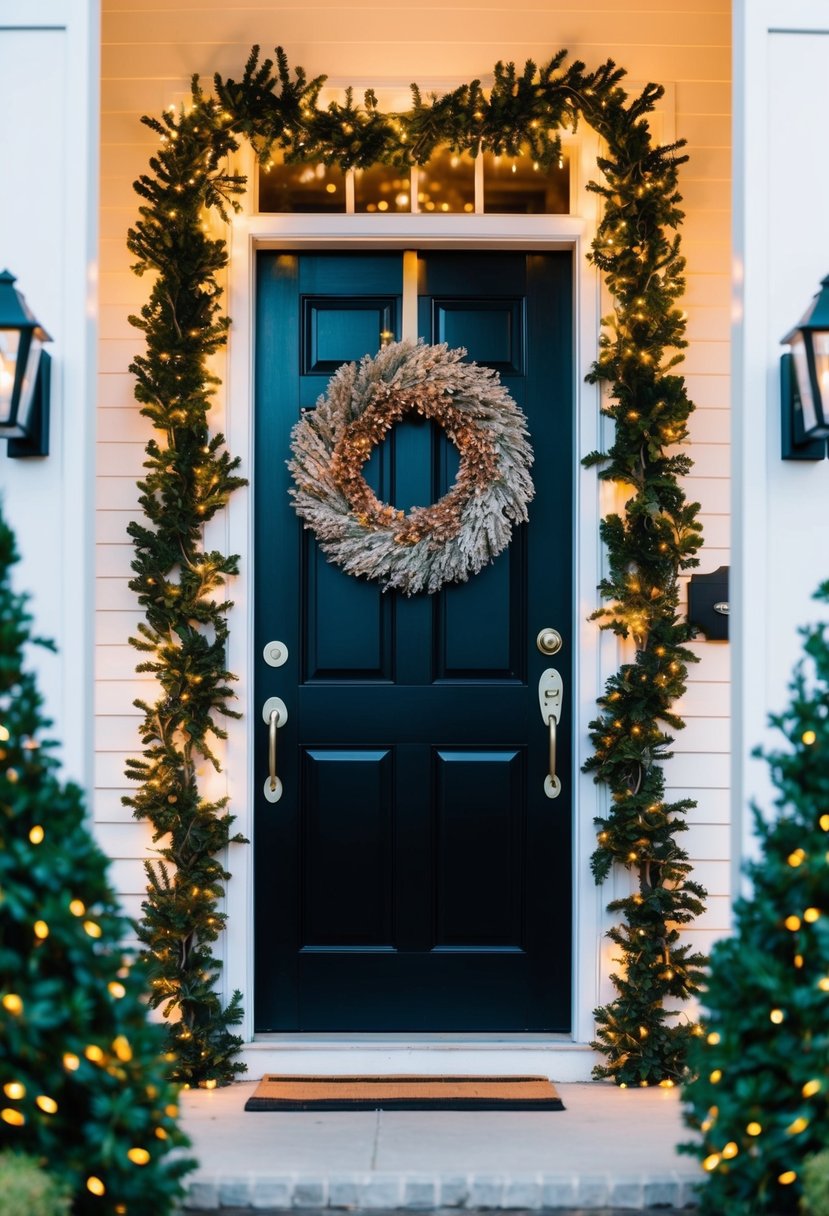 A festive entryway with a wreath on the door, garland draped around the frame, and twinkling lights adorning the porch and bushes