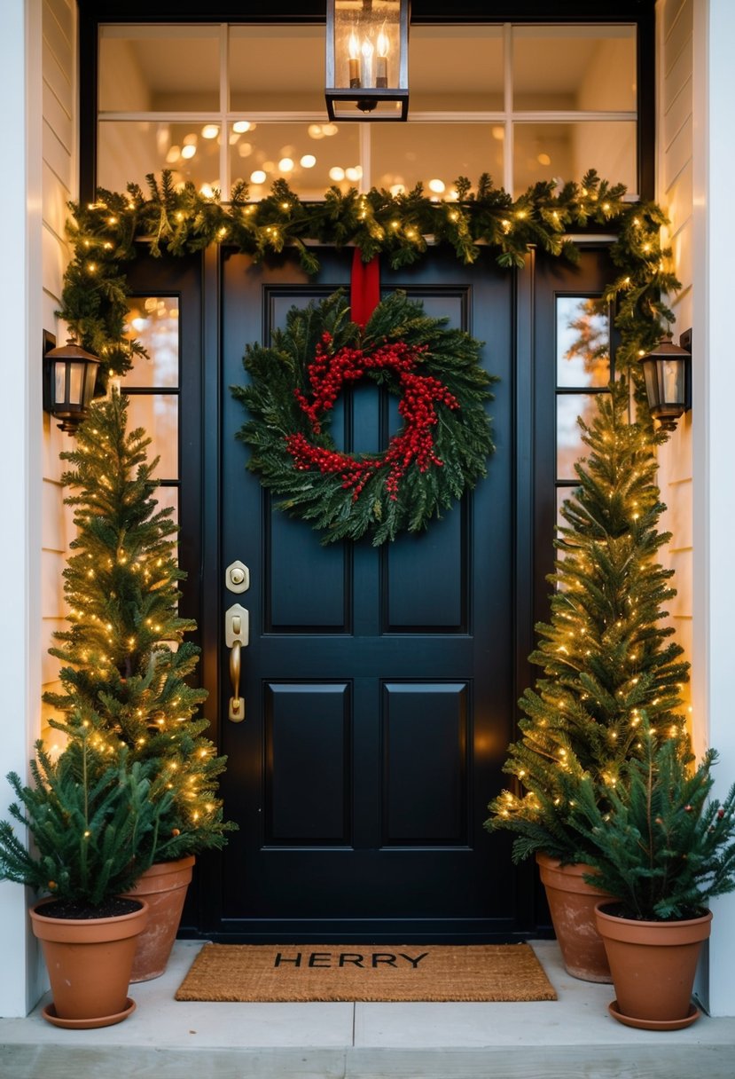 A festive wreath adorns the entry door, flanked by potted evergreens and twinkling lights, creating a warm and inviting Christmas entryway