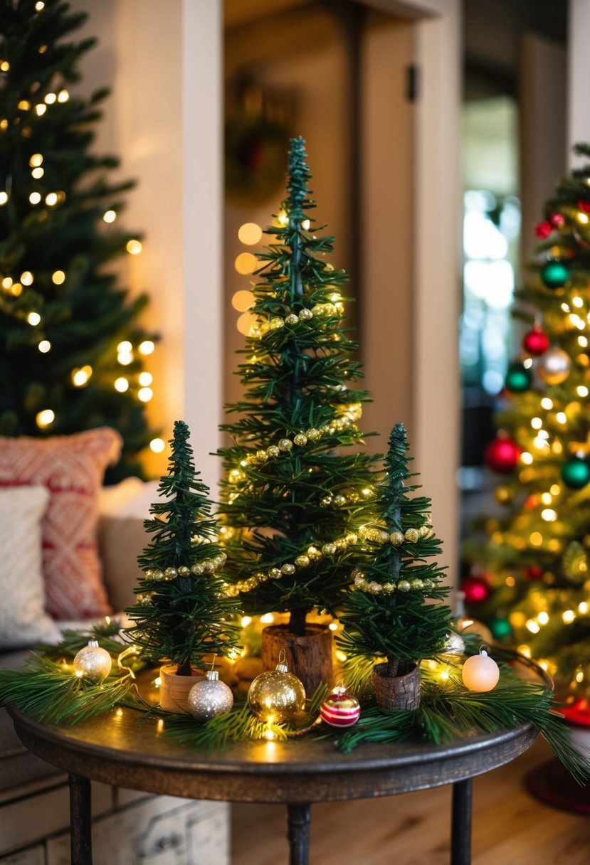 Mini Christmas trees arranged on a rustic entryway table with twinkling lights and festive ornaments