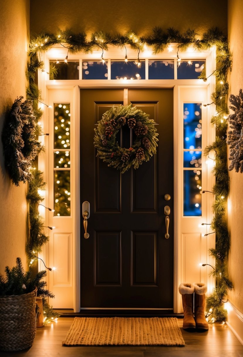 A warmly lit entryway with a festive wreath on the door, twinkling fairy lights, and a cozy rug with a pair of winter boots