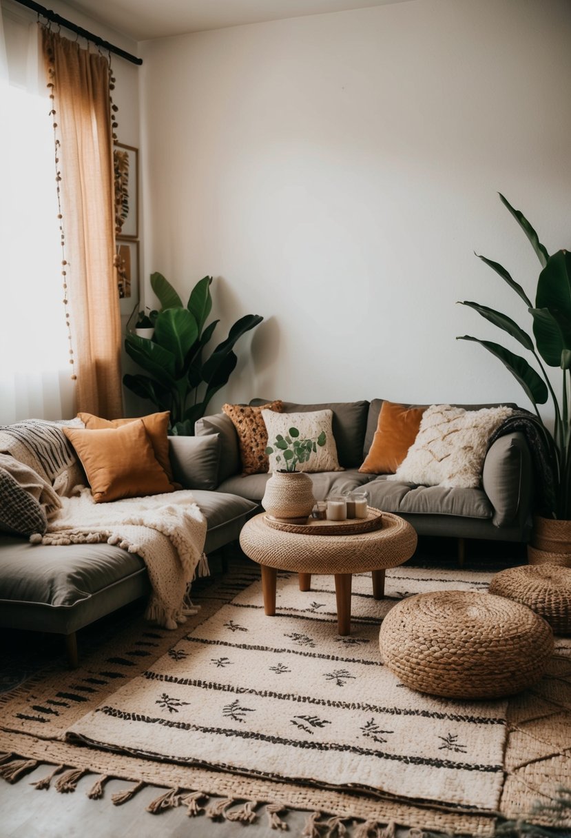 A cozy boho living room with earthy tones, layered rugs, low seating, and plenty of greenery. A mix of textures and patterns create a relaxed, eclectic vibe