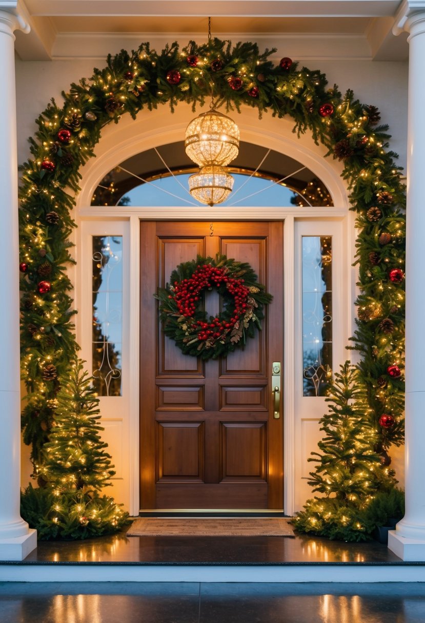 A grand Christmas entryway with a festively decorated door, garland, twinkling lights, and a welcoming wreath