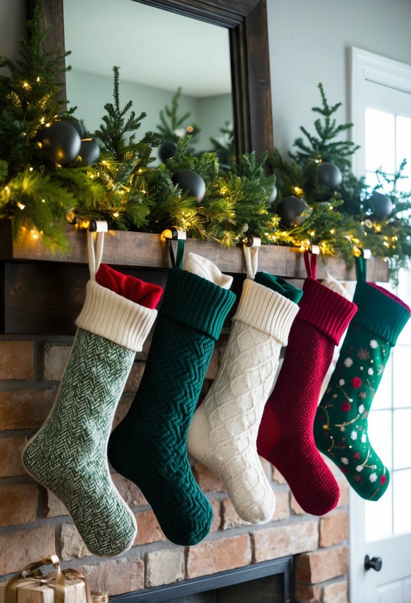 Four festive stockings hang from a rustic entryway mantel, adorned with greenery and twinkling lights