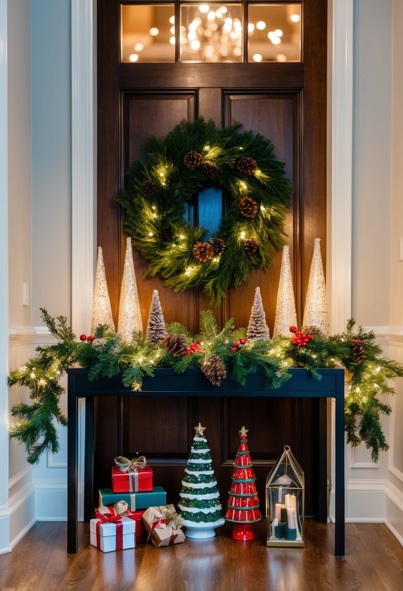 A festive entry table with a garland, twinkling lights, and a collection of holiday decorations