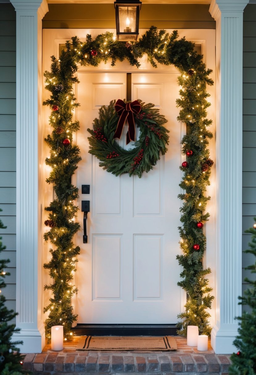 A festive entryway with a wreath, garland, and twinkling lights