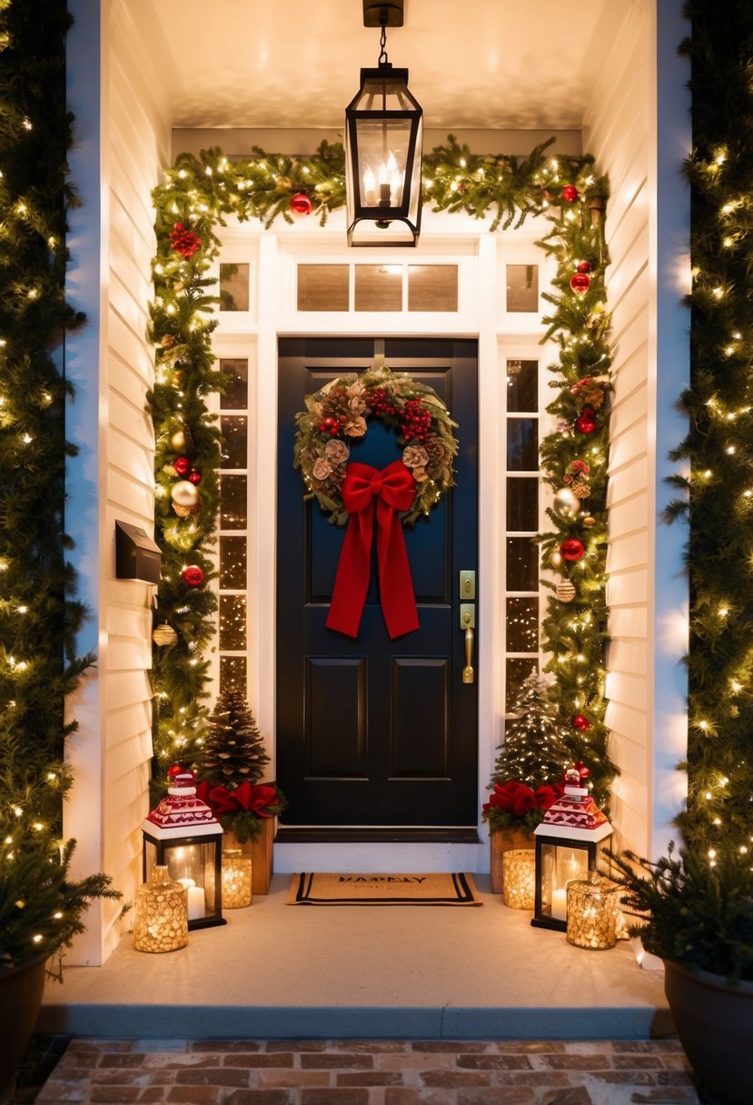 A cozy entryway adorned with twinkling string lights and festive Christmas decor