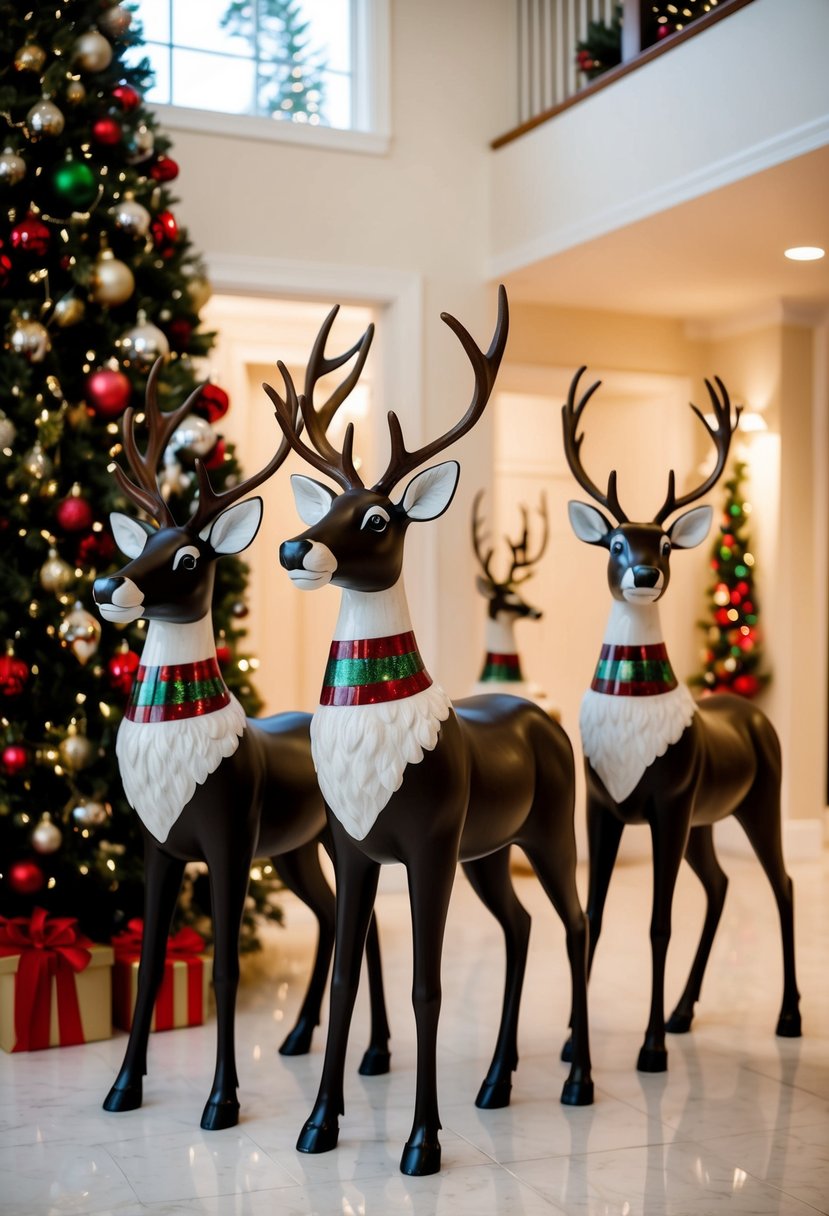 A group of lifelike reindeer sculptures stand in a festive Christmas entryway display