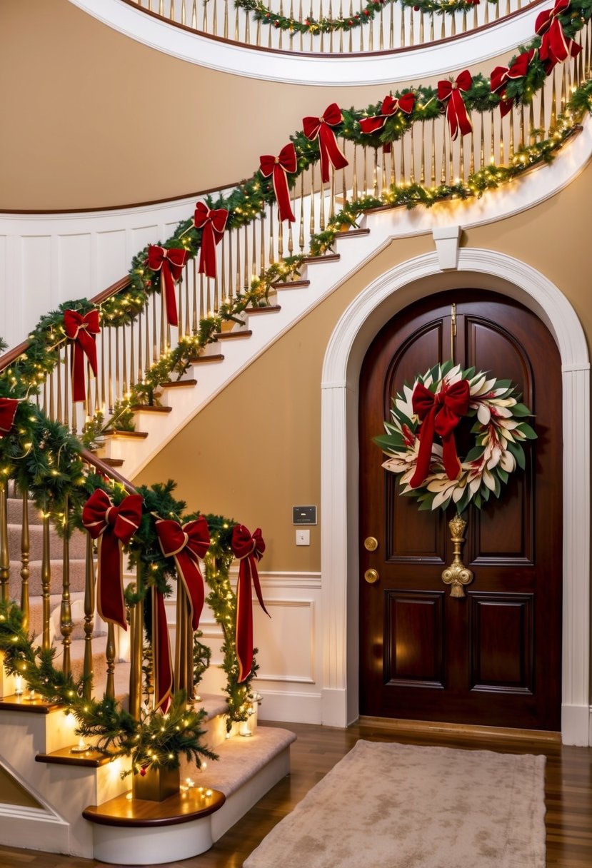 A grand staircase adorned with garlands, gold ribbons, and twinkling lights leads to a regal front door with a wreath of magnolia leaves and red velvet bows