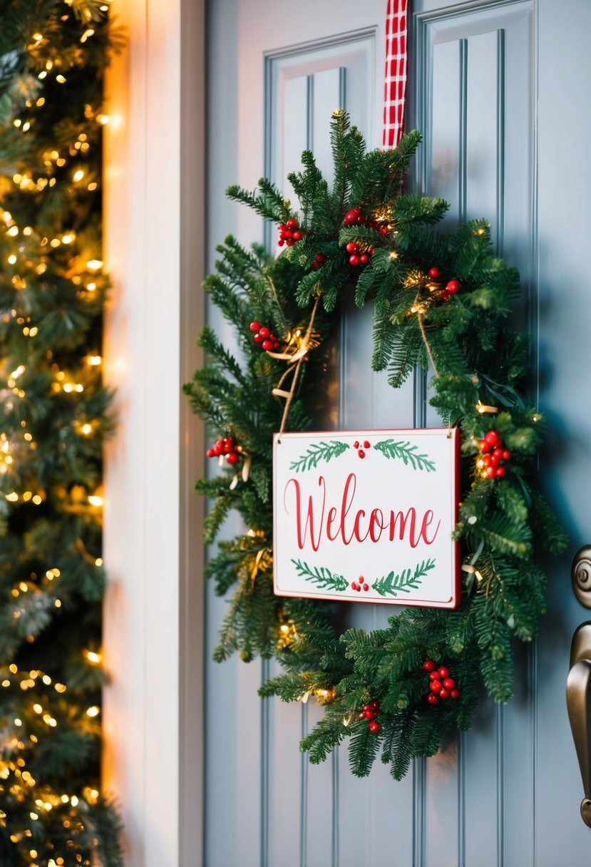 A festive Christmas welcome sign hangs on a decorated entryway door. Greenery and twinkling lights add to the warm and inviting holiday atmosphere