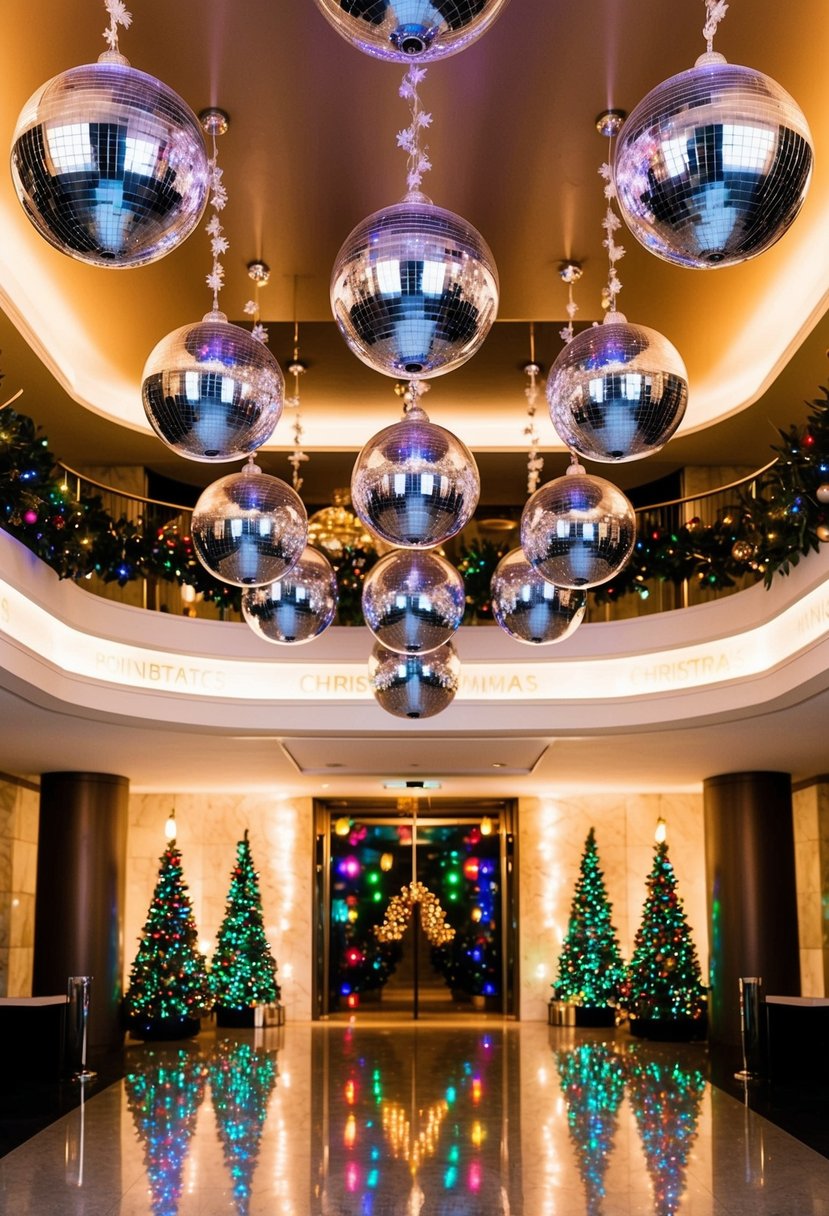 A grand entrance with multiple disco balls hanging from the ceiling, reflecting colorful lights and creating a festive Christmas atmosphere