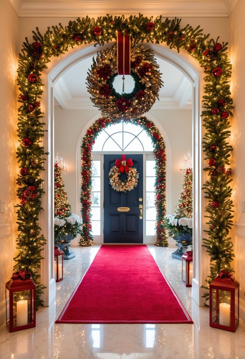 A grand Christmas entryway with a festive wreath, twinkling lights, garland, and a red carpet leading to a beautifully decorated door