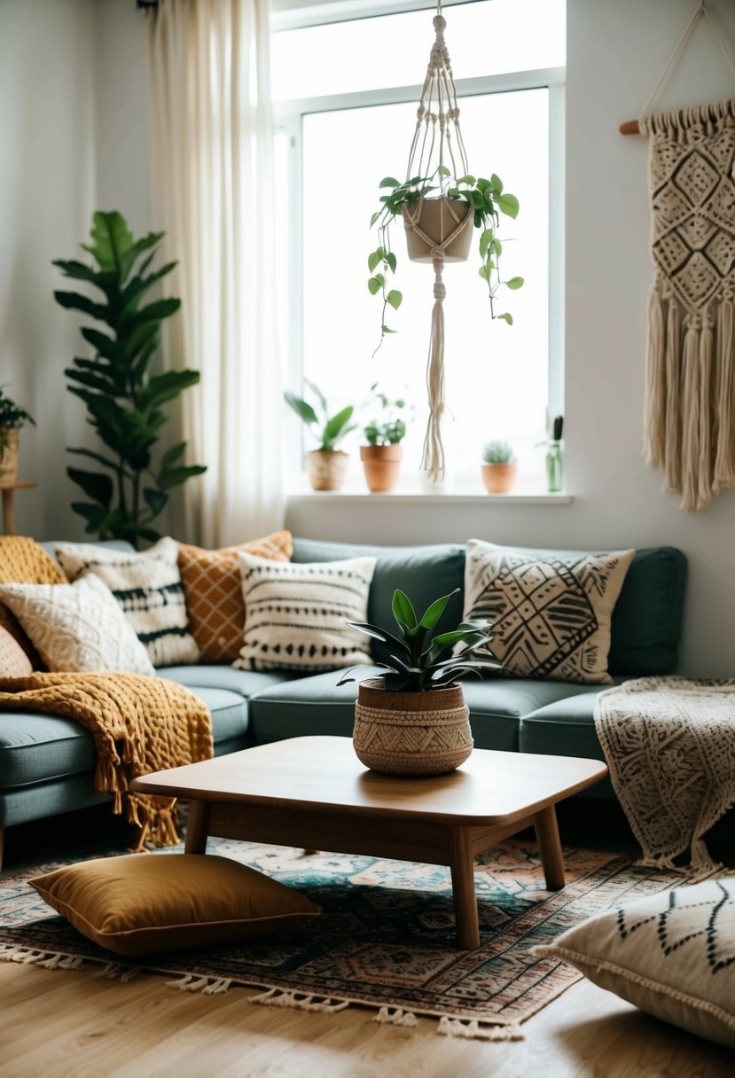 A cozy boho living room with a low-lying wooden coffee table, floor cushions, and a mix of patterned rugs and textiles. A hanging macrame plant holder adds to the bohemian vibe