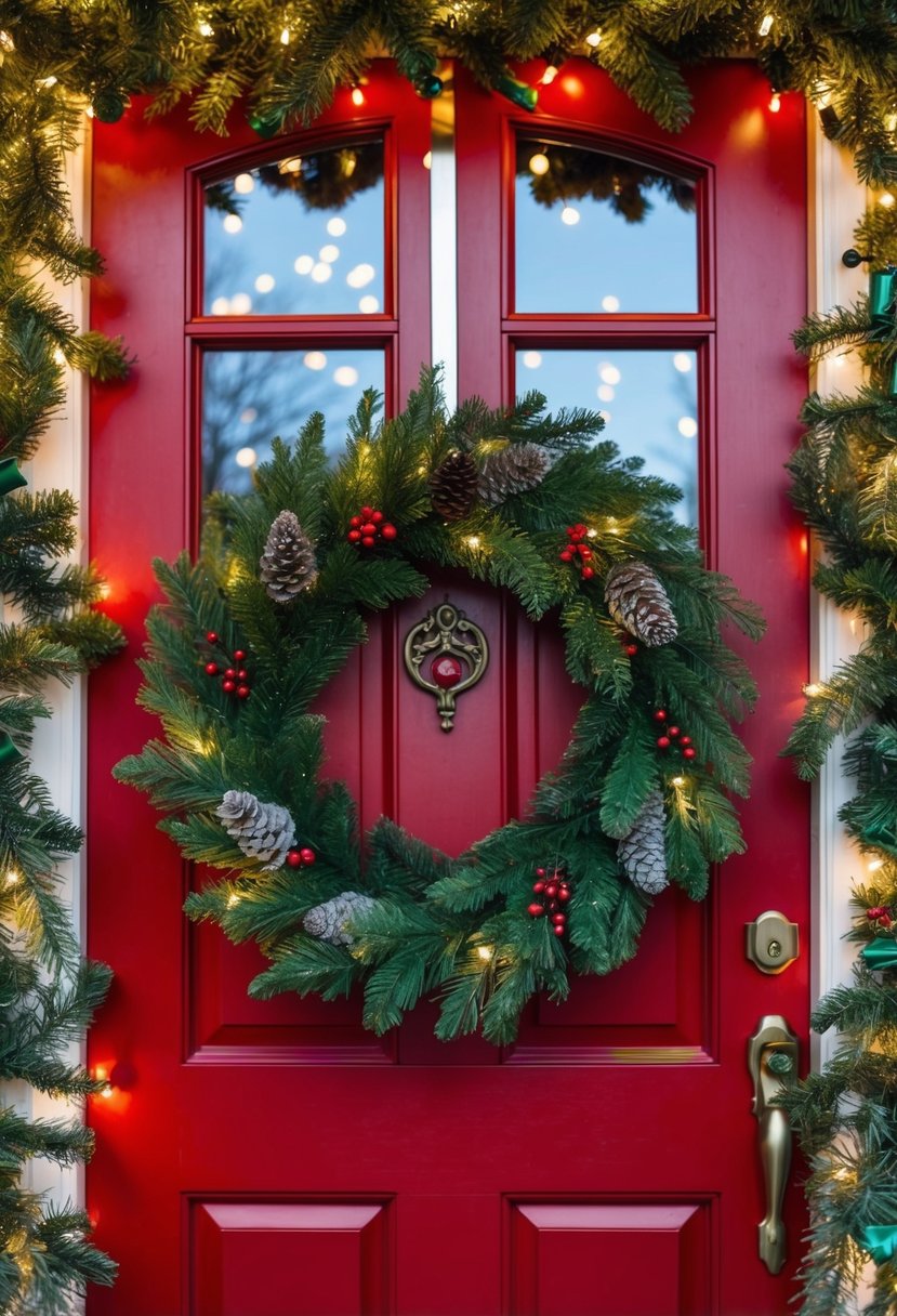 A festive wreath hangs on a red door, surrounded by twinkling lights and pine garland