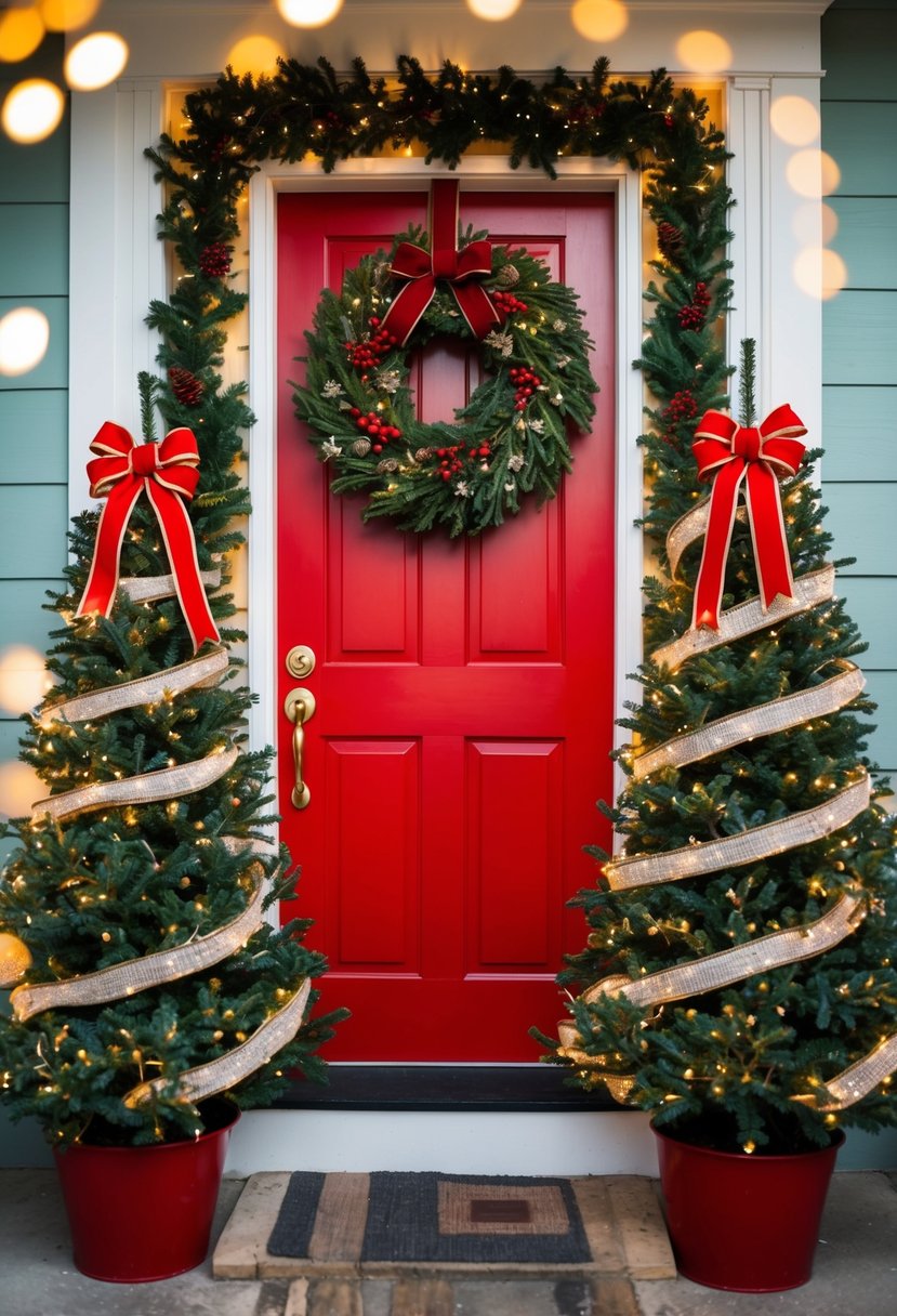 A festive Christmas wreath hangs on a red door, flanked by two potted evergreen trees adorned with twinkling lights and ribbon bows