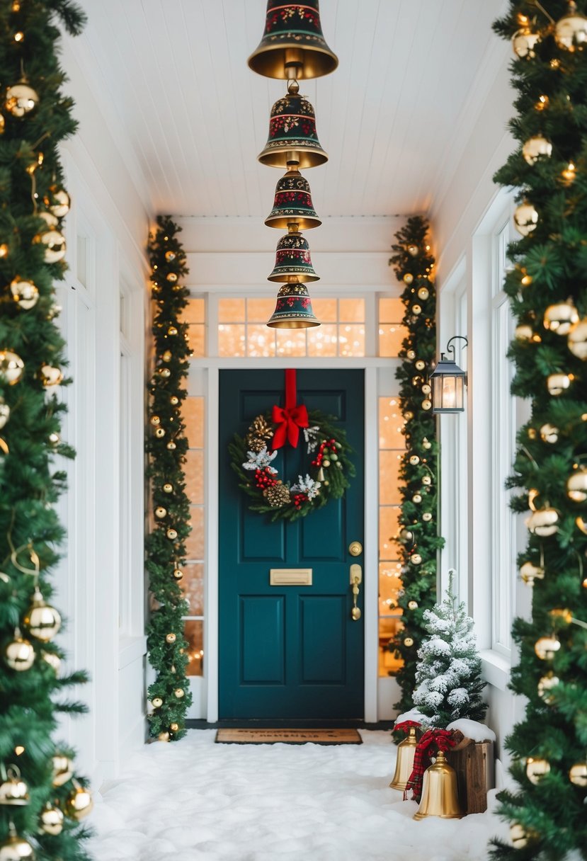 A festive entryway with hanging bells in a winter wonderland