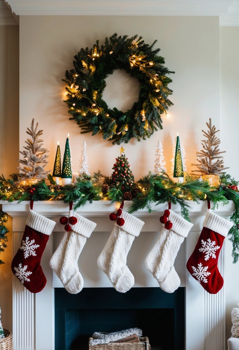 A cozy Christmas mantel adorned with stockings, greenery, twinkling lights, and a festive garland