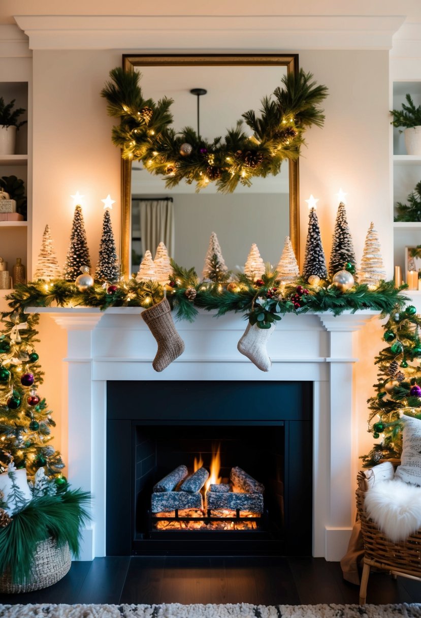 A cozy fireplace mantel adorned with twinkling lights, greenery, and festive ornaments for Christmas