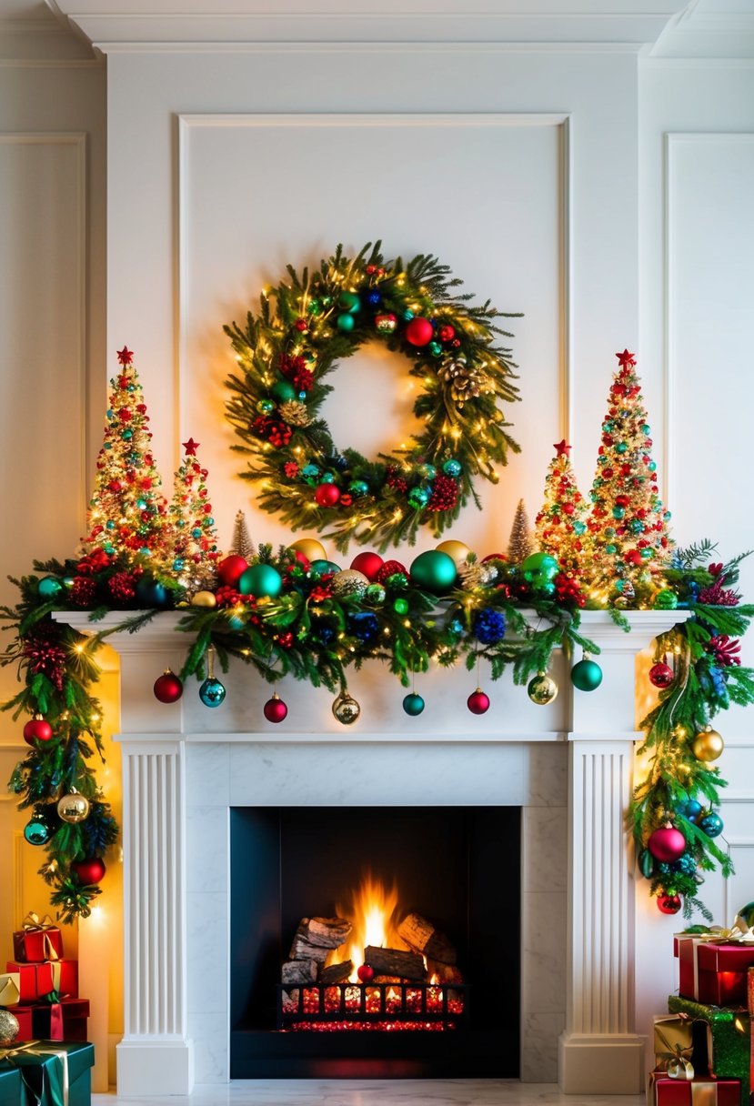 A festive fireplace mantel adorned with twinkling lights, lush greenery, and colorful ornaments, creating a stunning Christmas display