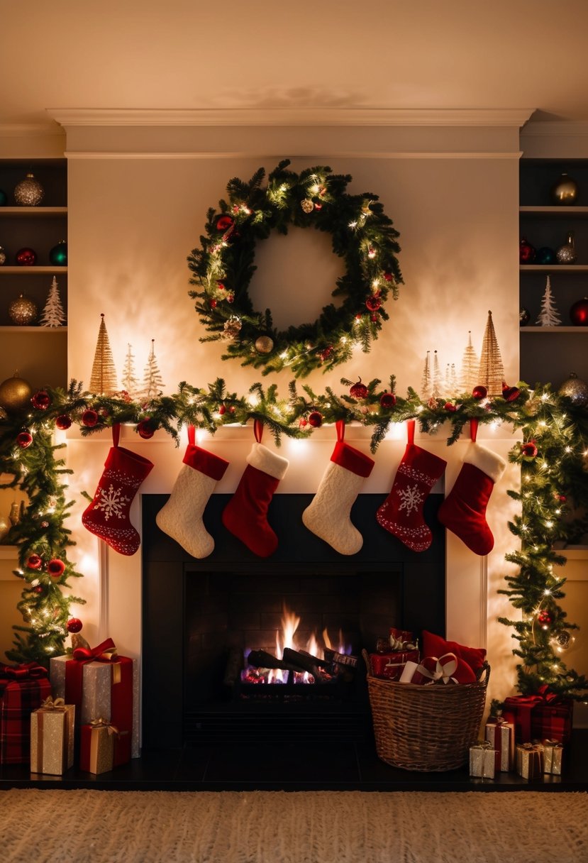 A cozy fireplace mantel adorned with twinkling lights, garland, stockings, and festive ornaments, creating a warm and enchanting Christmas scene