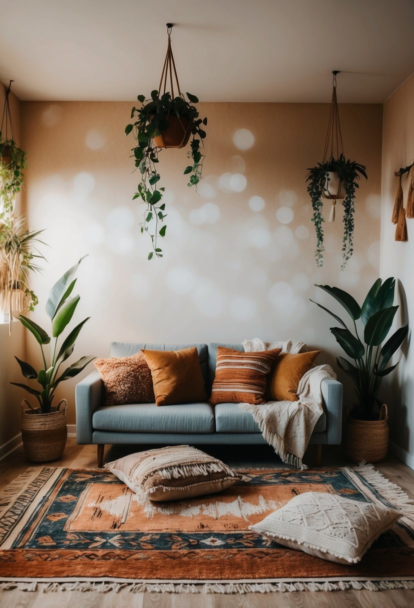 A cozy bohemian living room with layered rugs, floor cushions, hanging plants, and warm earthy tones