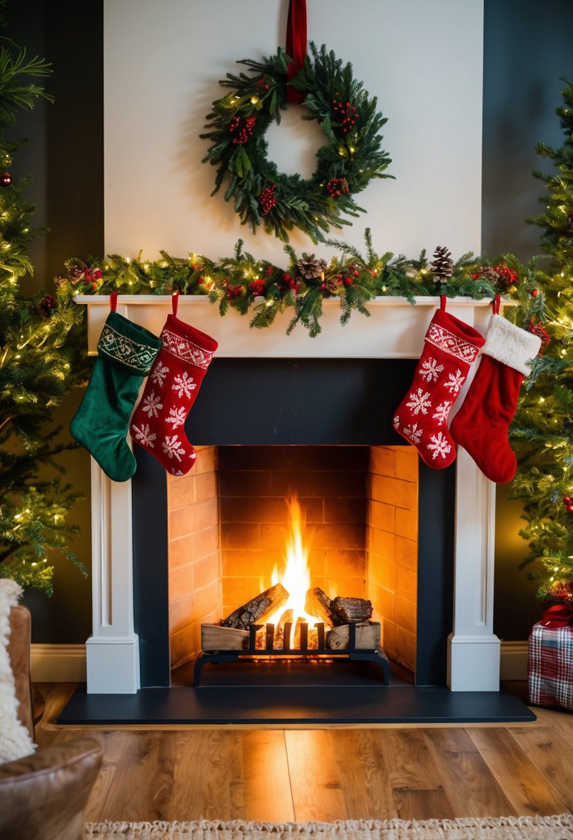 A crackling fire warms a cozy Christmas mantel adorned with twinkling lights, lush greenery, and festive stockings