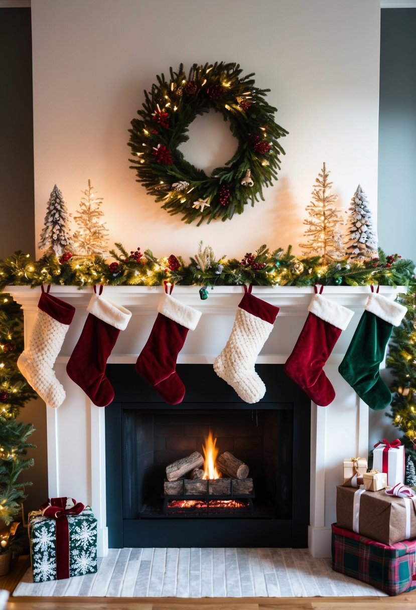 A cozy Christmas mantel adorned with stockings, garland, twinkling lights, and a festive wreath above the fireplace