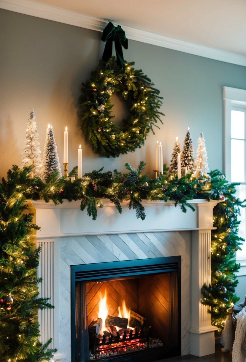 A cozy fireplace mantel adorned with twinkling lights, lush greenery, and festive ornaments. A garland draped across the top completes the charming holiday display