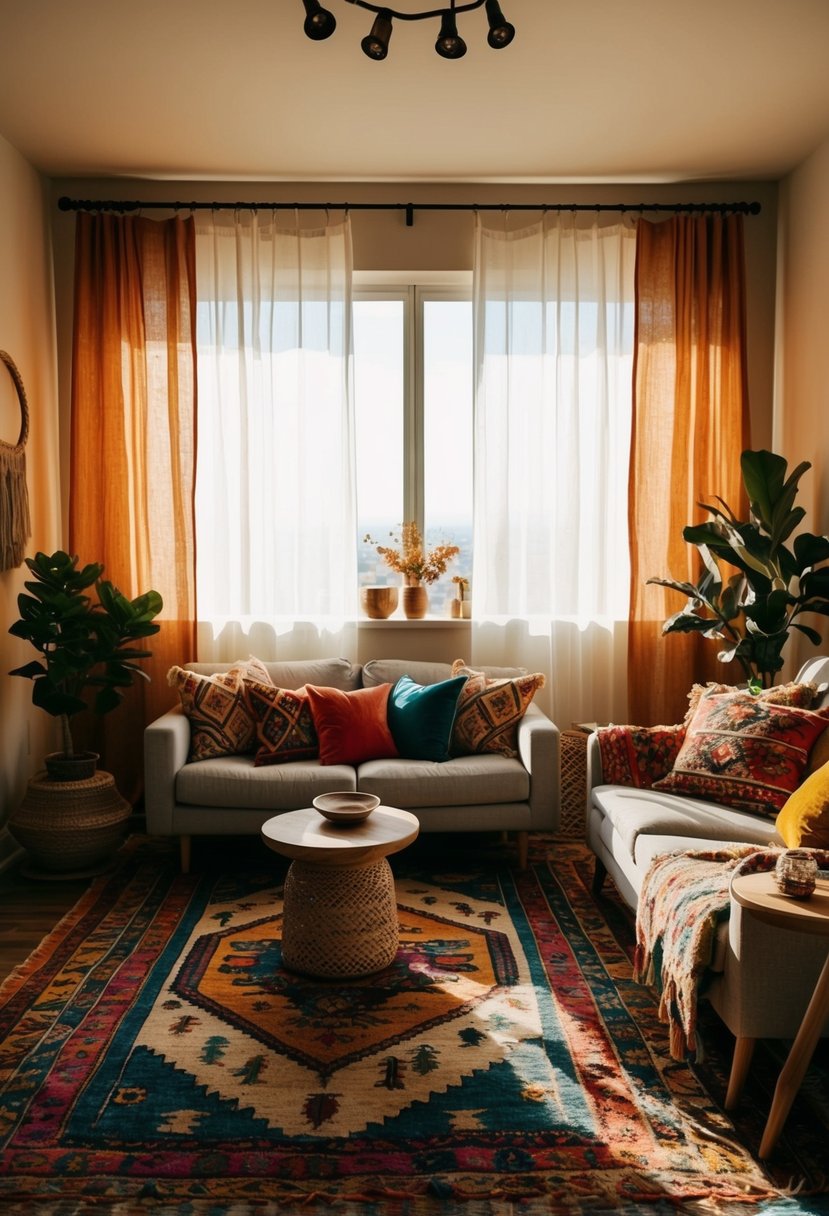 A cozy boho living room with vibrant colors, patterned rugs, and eclectic furniture. Sunlight streams in through sheer curtains, casting warm, inviting shadows