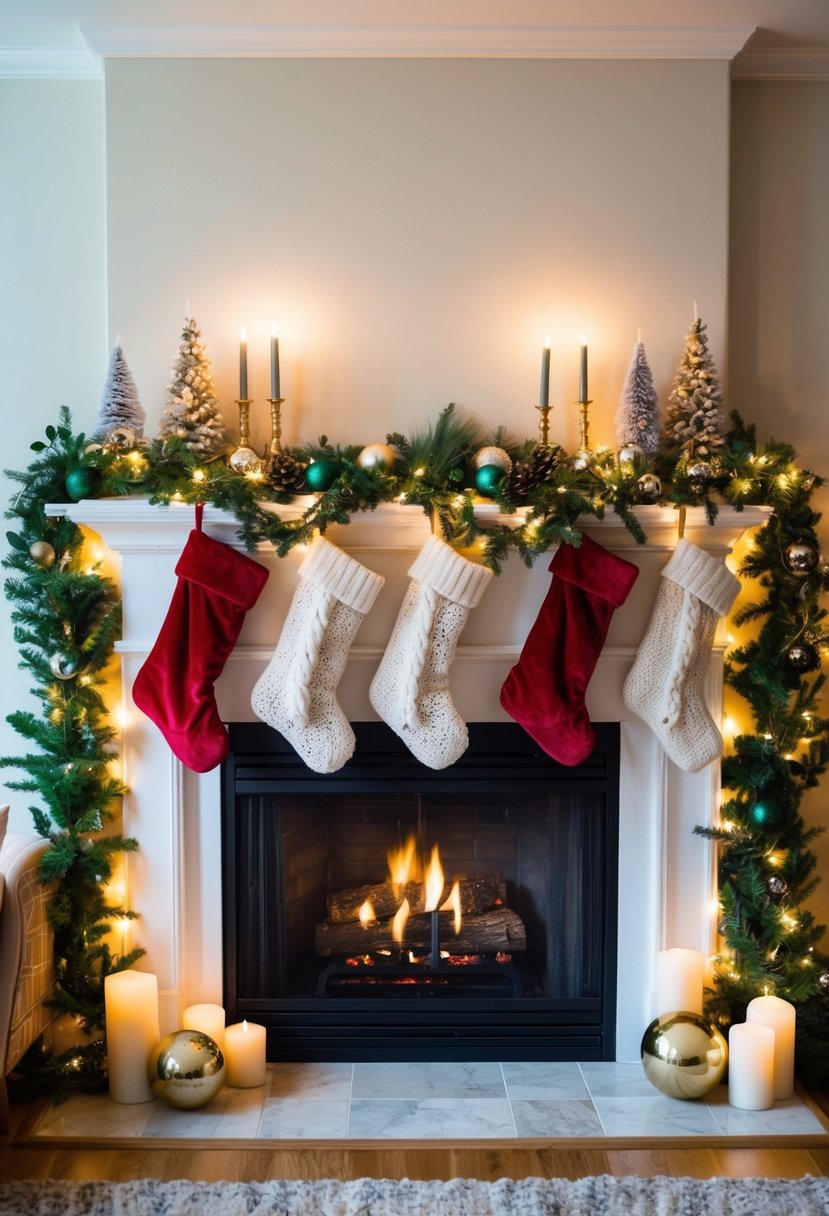 A cozy fireplace adorned with twinkling lights, stockings, and greenery. A garland drapes the mantel, accented with ornaments and candles