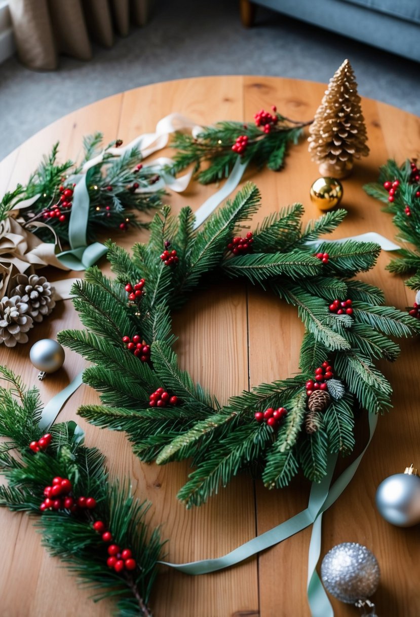 A cozy living room table with materials for making a Christmas wreath - pine branches, berries, ribbons, and ornaments scattered around