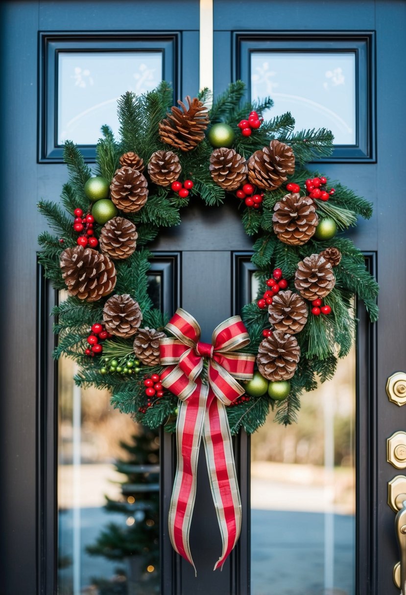 A front door adorned with a festive Christmas wreath made of pinecones, berries, and ribbon