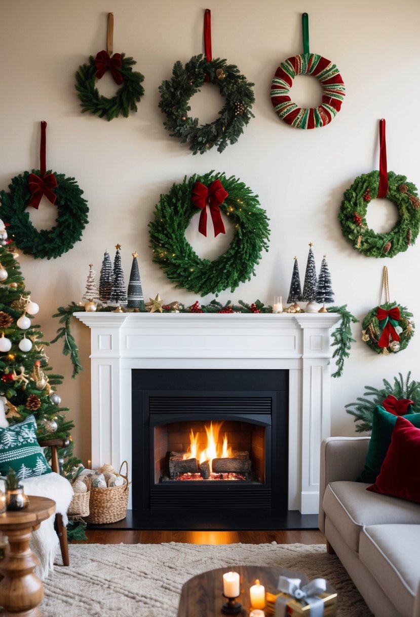 A cozy living room with a crackling fireplace, adorned with handmade Christmas wreaths in various styles, from traditional to modern and rustic