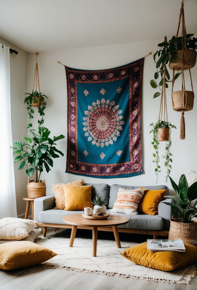 A cozy boho living room with a low wooden table, floor cushions, hanging plants, and colorful tapestries