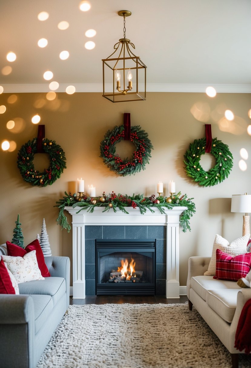 A cozy living room with a fireplace and festive wreaths on the walls, each one uniquely styled to match the decor of the room