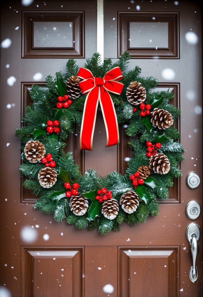 A cozy front door adorned with a festive Christmas wreath made of pinecones, holly, and red ribbon. Snowflakes fall gently in the background, creating a picturesque winter scene