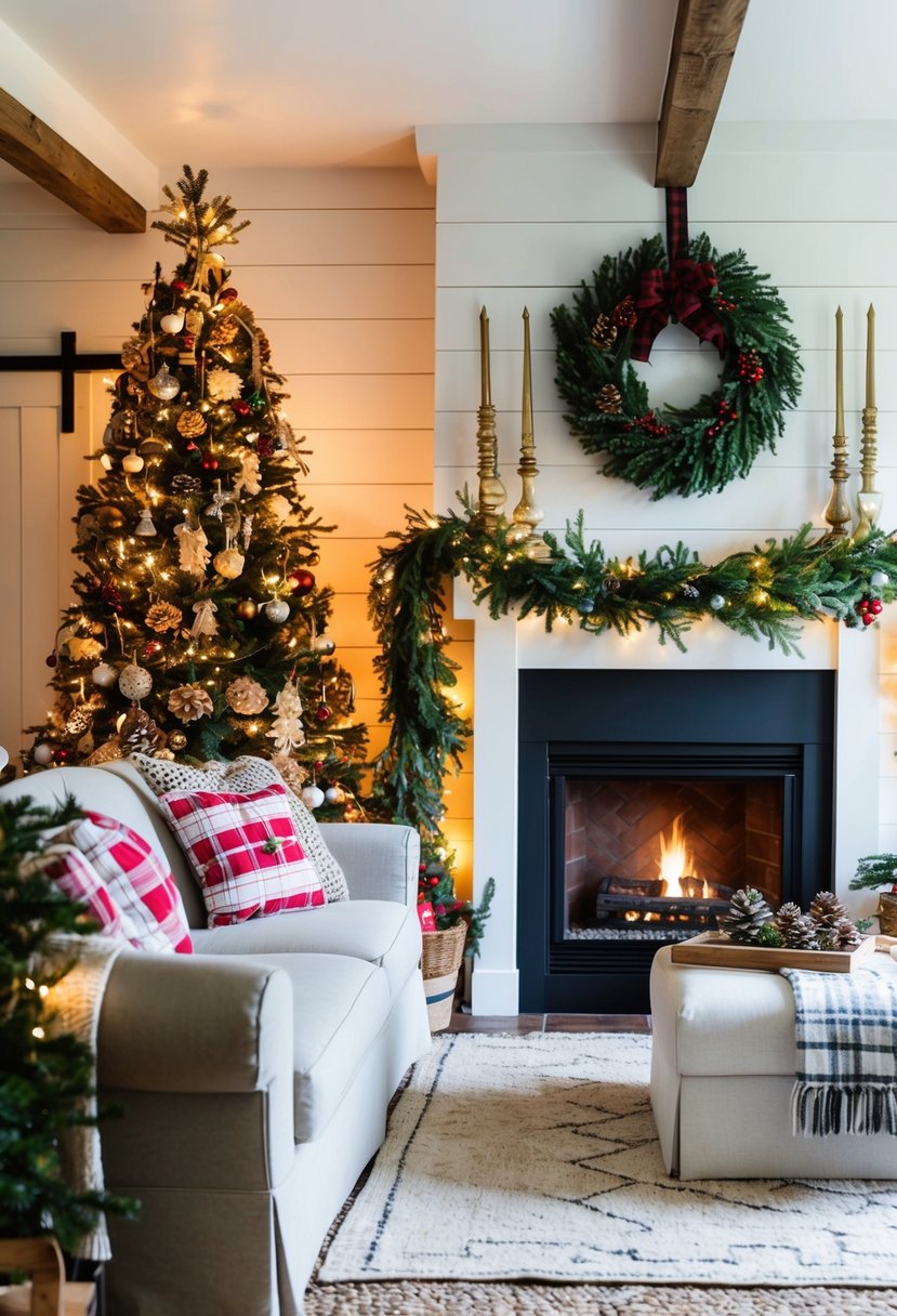 A cozy farmhouse living room adorned with rustic Christmas decorations, including a festive wreath on the door, a garland draped over the fireplace, and twinkling lights adorning the mantel and tree