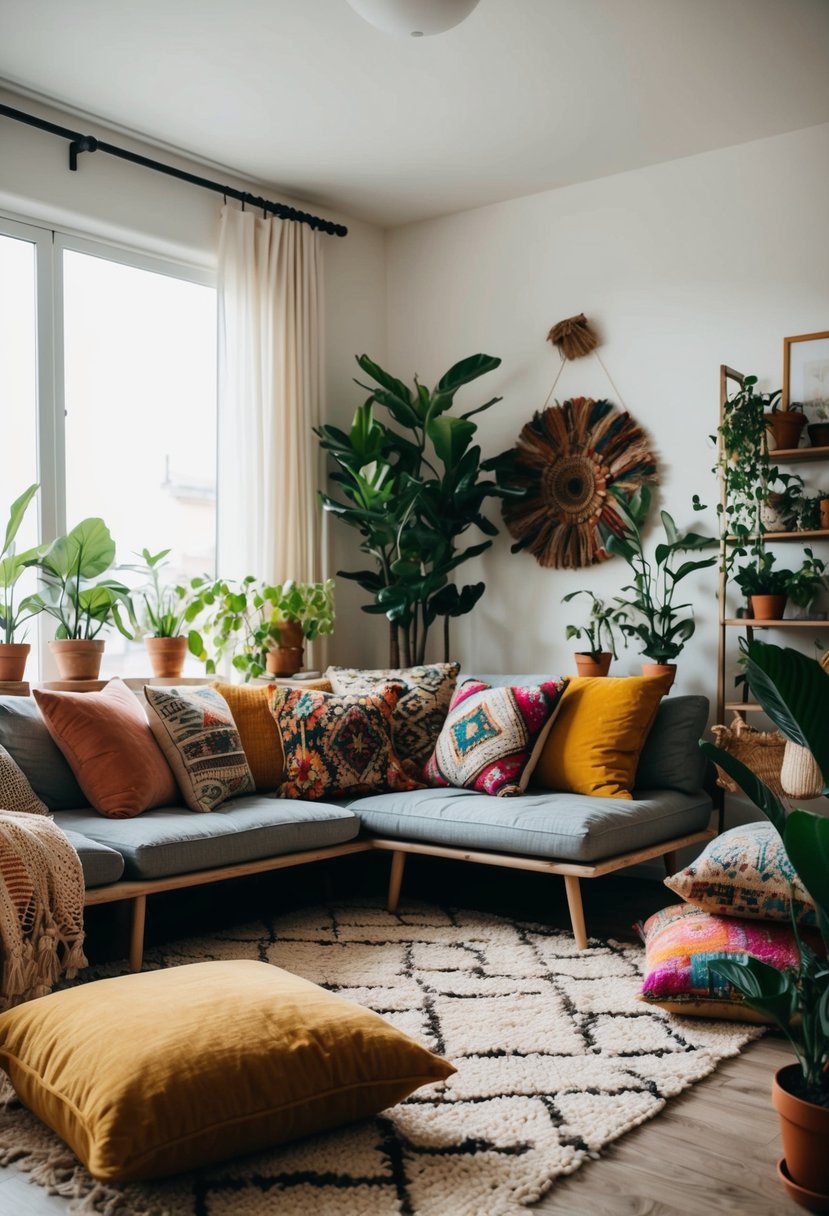 A cozy bohemian living room with low-lying furniture, colorful throw pillows, and a mix of patterns and textures. Plants and eclectic decor add to the relaxed, free-spirited vibe