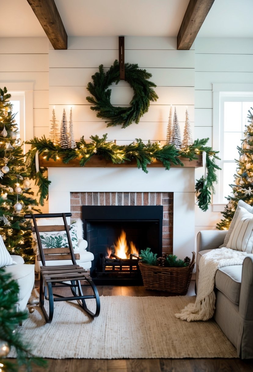 A cozy farmhouse living room adorned with rustic Christmas decor - a vintage sled, pine garland, and twinkling lights around a crackling fireplace