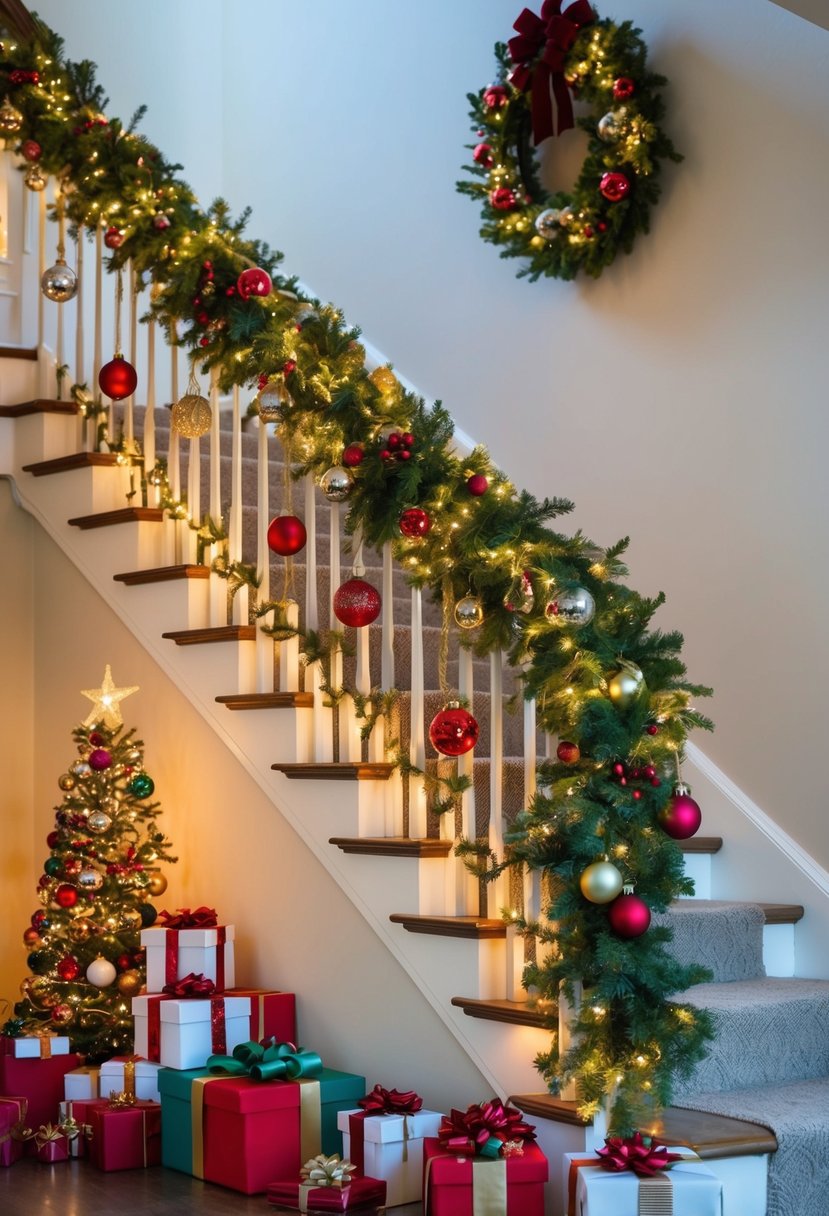 A staircase adorned with garland, twinkling lights, and festive ornaments, topped with a beautiful wreath and surrounded by wrapped presents