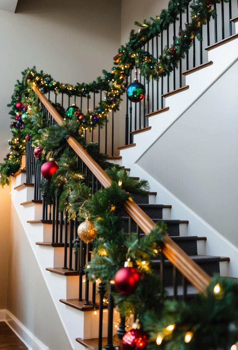 A staircase adorned with garlands, twinkling lights, and colorful ornaments, creating a festive holiday atmosphere