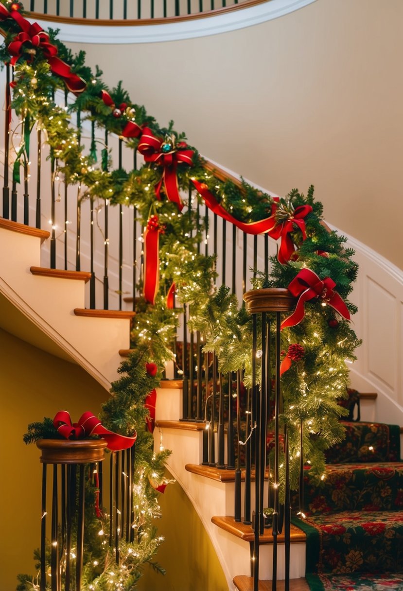 A festive staircase adorned with garlands, ribbons, and twinkling lights cascading down the banisters and railings, creating a warm and inviting holiday atmosphere