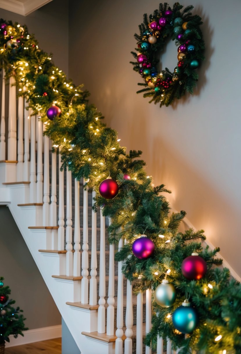 A staircase adorned with garlands, twinkling lights, and colorful ornaments, topped with a festive wreath