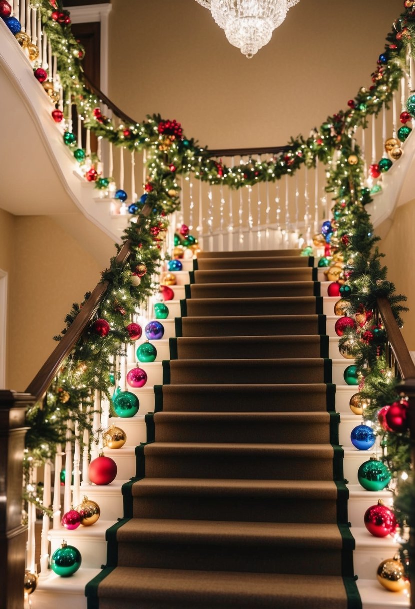 A grand staircase adorned with festive garlands, twinkling lights, and colorful ornaments, creating a warm and inviting holiday atmosphere