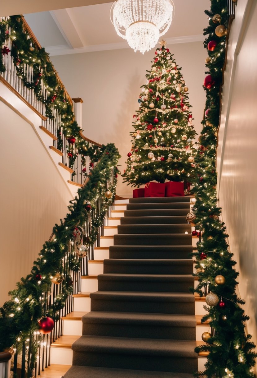 A staircase adorned with garlands, twinkling lights, and festive ornaments, leading up to a beautifully decorated Christmas tree at the top